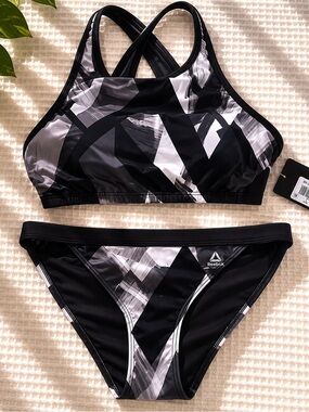 Reebok Black & White Abstract Print Two-Piece Bikini